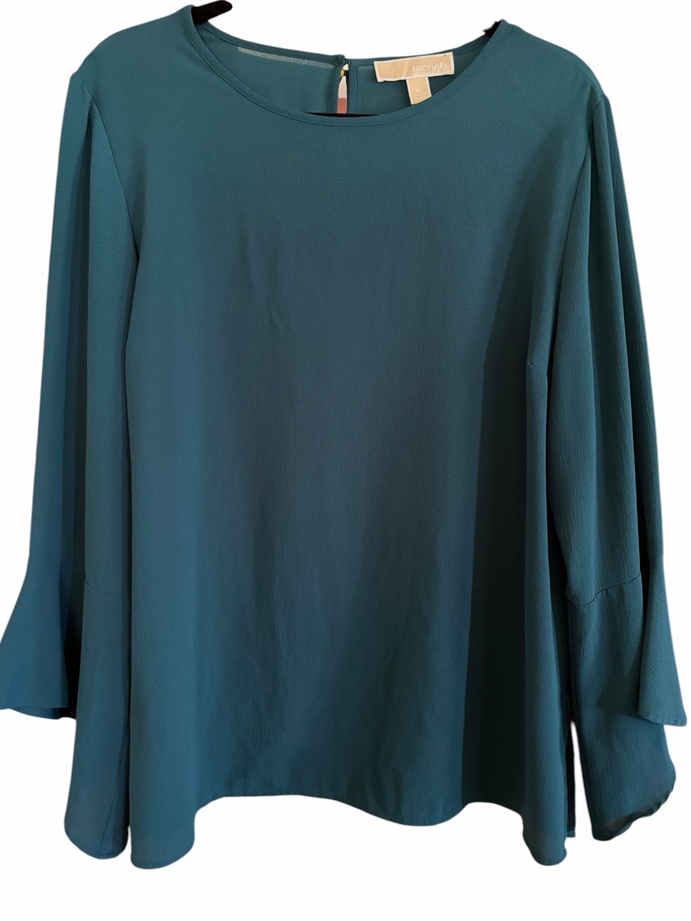 Michael Kors Teal Round-Neck Blouse with Flared Sleeves